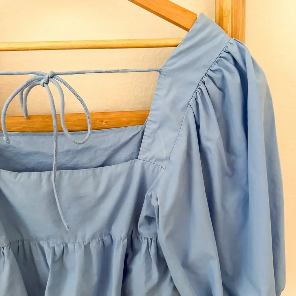 Abercrombie & Fitch Blue Puff Sleeve Tie Back Peplum Blouse Top S Cottagecore